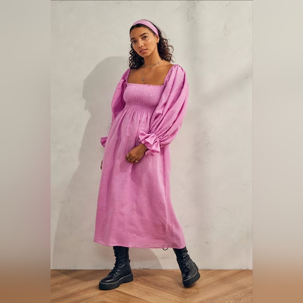 Sleeper atlanta 100% linen coquette formal dress in lilac pink, large